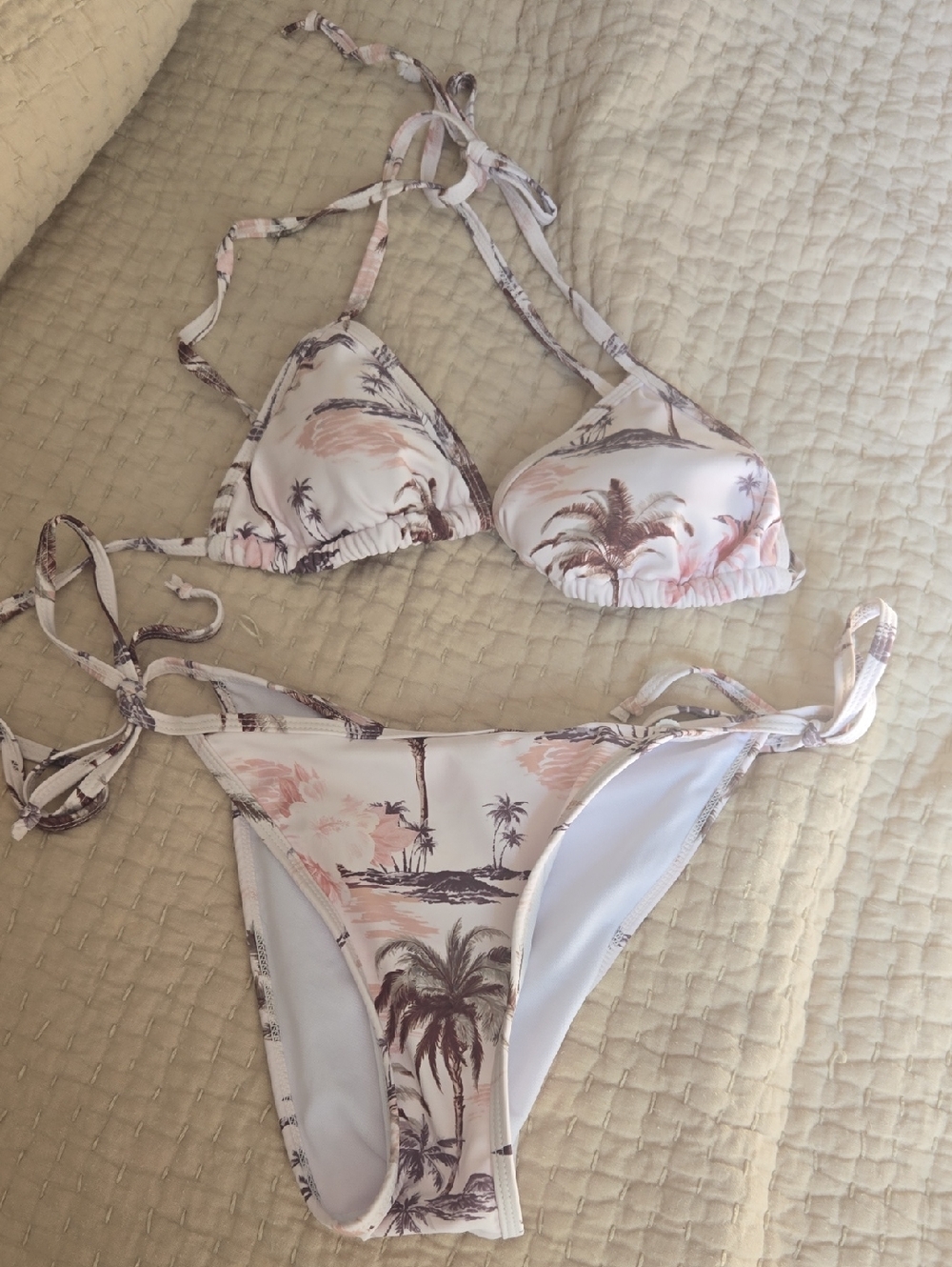 Surf Gypsy Palm Print Tie Bikini Top And Bottom Set - White & Blush Size Small